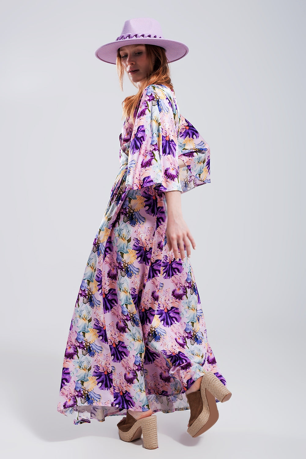 Flutter sleeve maxi dress in purple floral print Szua Store