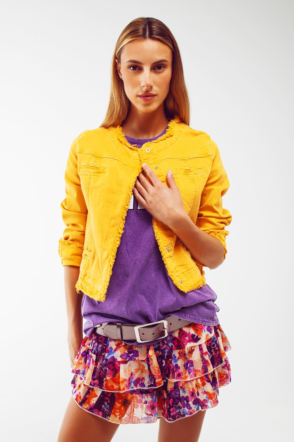Q2 Frayed Ends Denim Jacket in Yellow