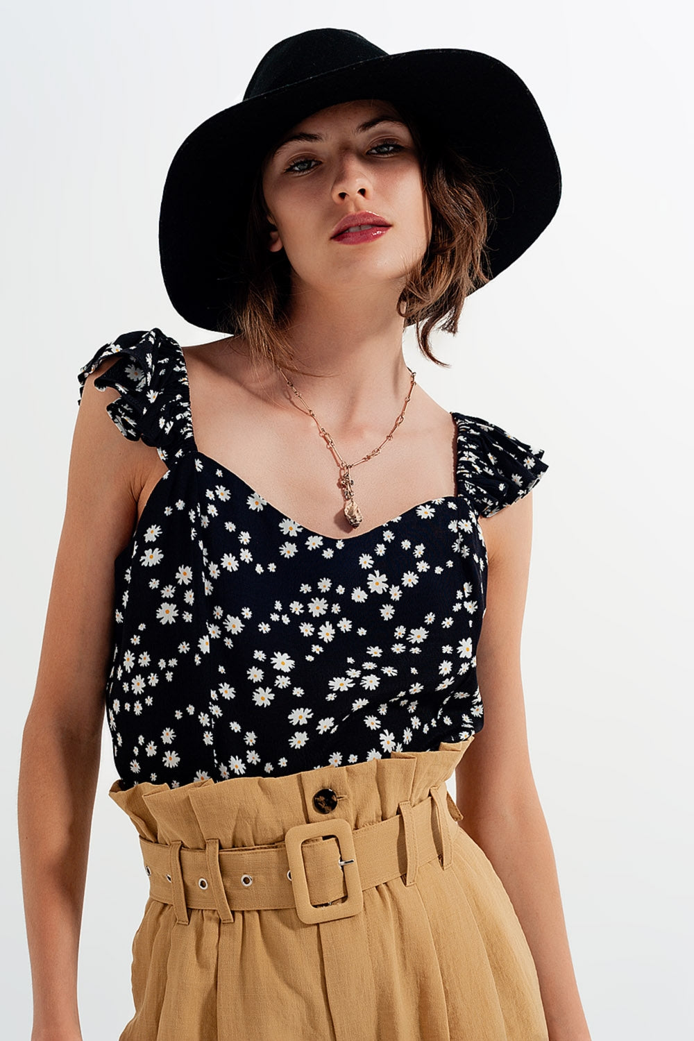 Frill strap cami top in black ditsy floral print Szua Store