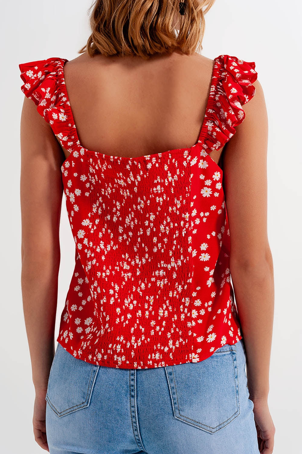 Frill strap cami top in red ditsy floral print Szua Store