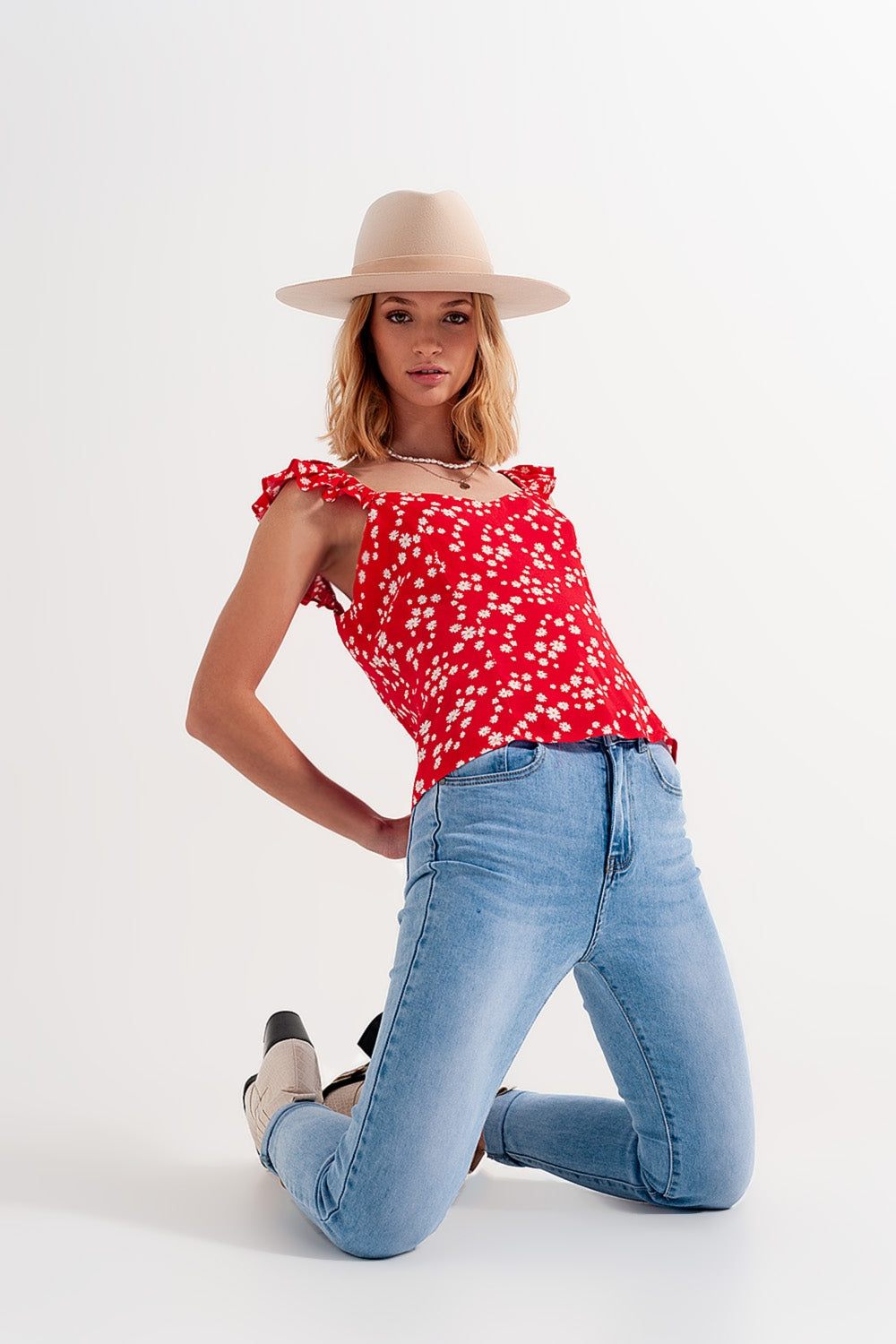 Frill strap cami top in red ditsy floral print Szua Store
