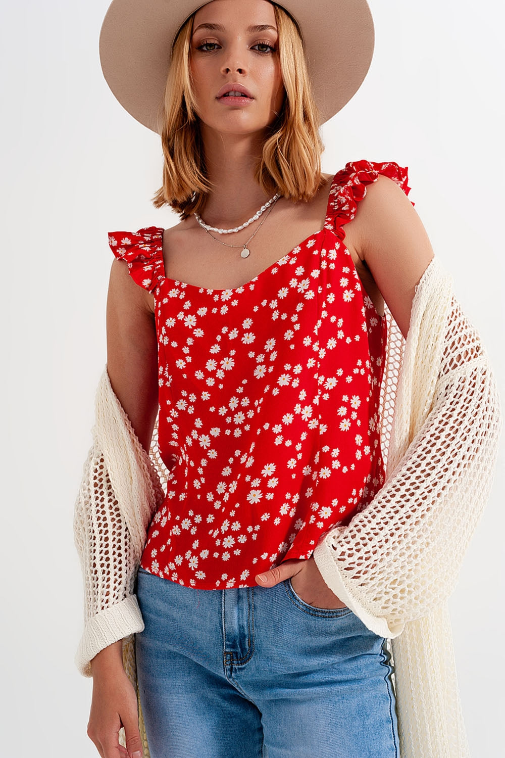 Frill strap cami top in red ditsy floral print Szua Store