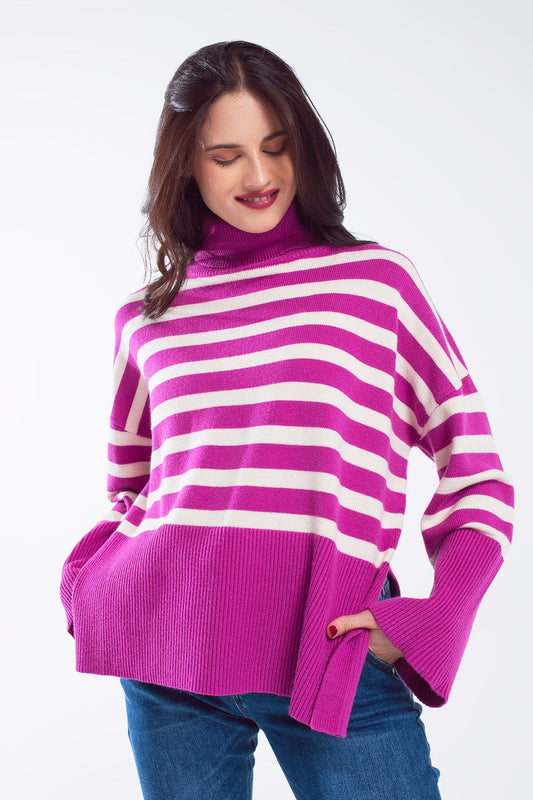 Q2 Fuchsia oversized trutleneck sweater with white stripes and splits on the side