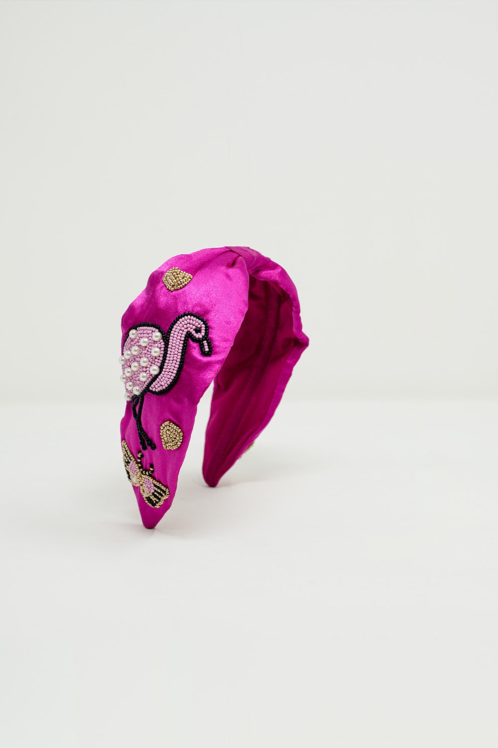 Q2 Fuchsia Satin Headband with Embroidered Flamigos