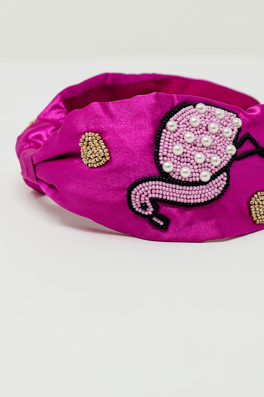 Fuchsia Satin Headband with Embroidered Flamigos