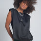 Gathered satin shoulder pad sleeveless top in black Szua Store