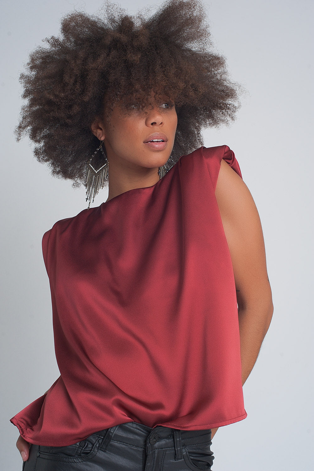 Gathered satin shoulder pad sleeveless top in red