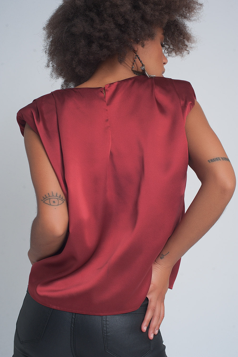 Gathered satin shoulder pad sleeveless top in red Szua Store