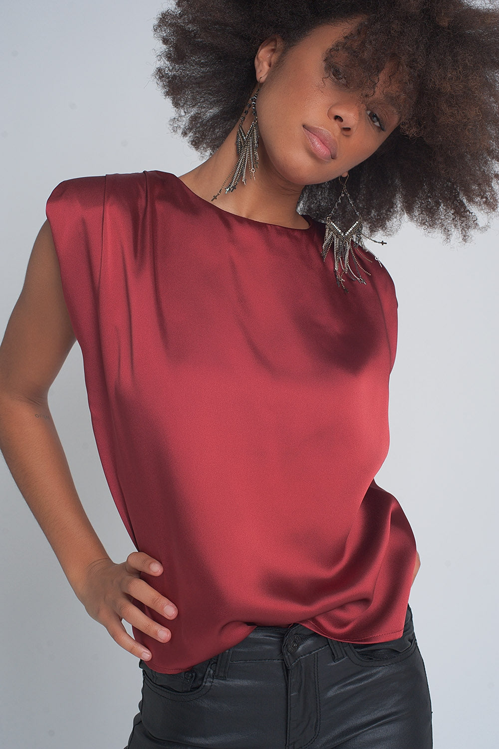 Satin shoulder pad top new arrivals