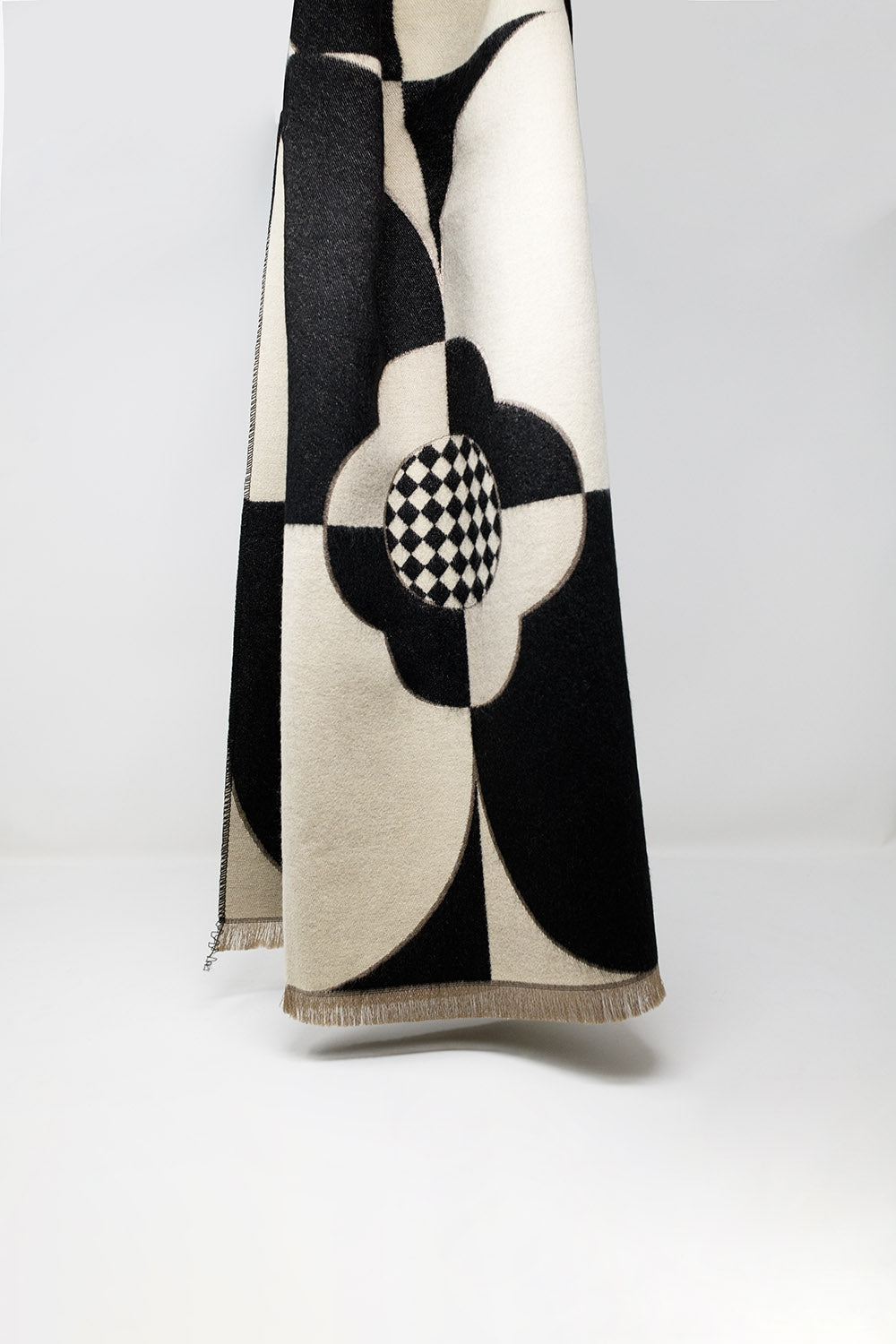Geometric Black and White Design Scarf With Flower Details