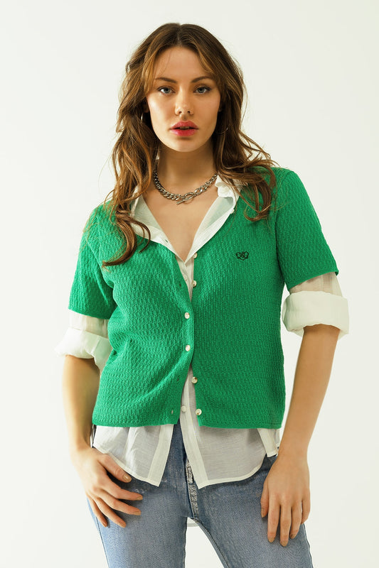 Q2 Green cardigan with short sleeves and front closure with button