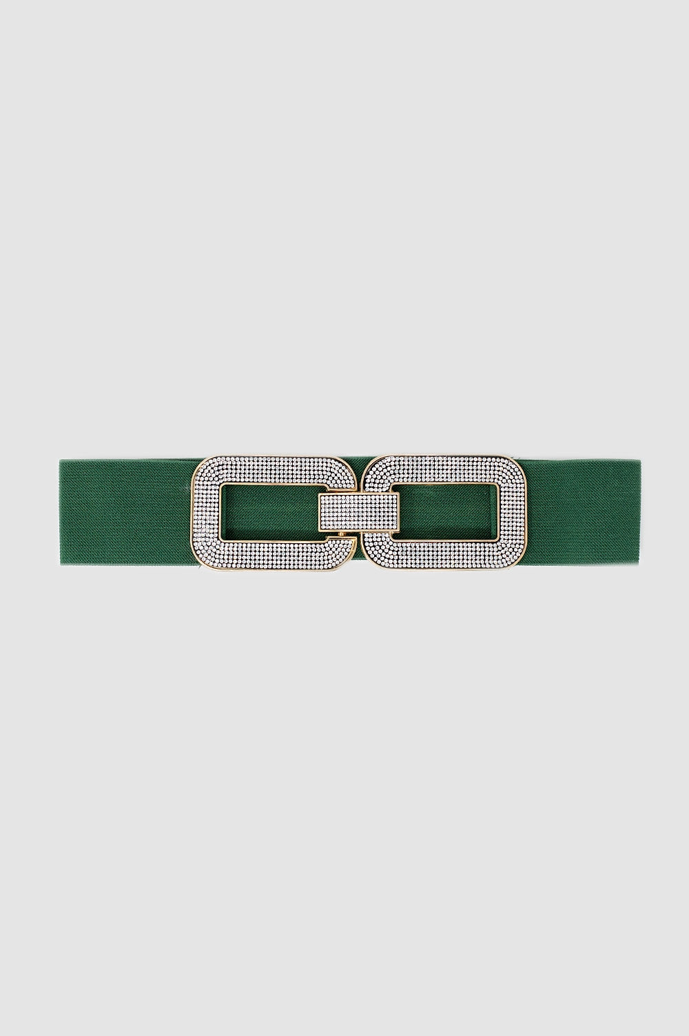 Green elastic belt with double oval buckle with rhinestone inlays