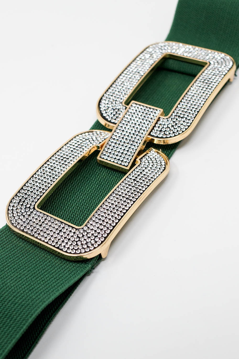 Green elastic belt with double oval buckle with rhinestone inlays