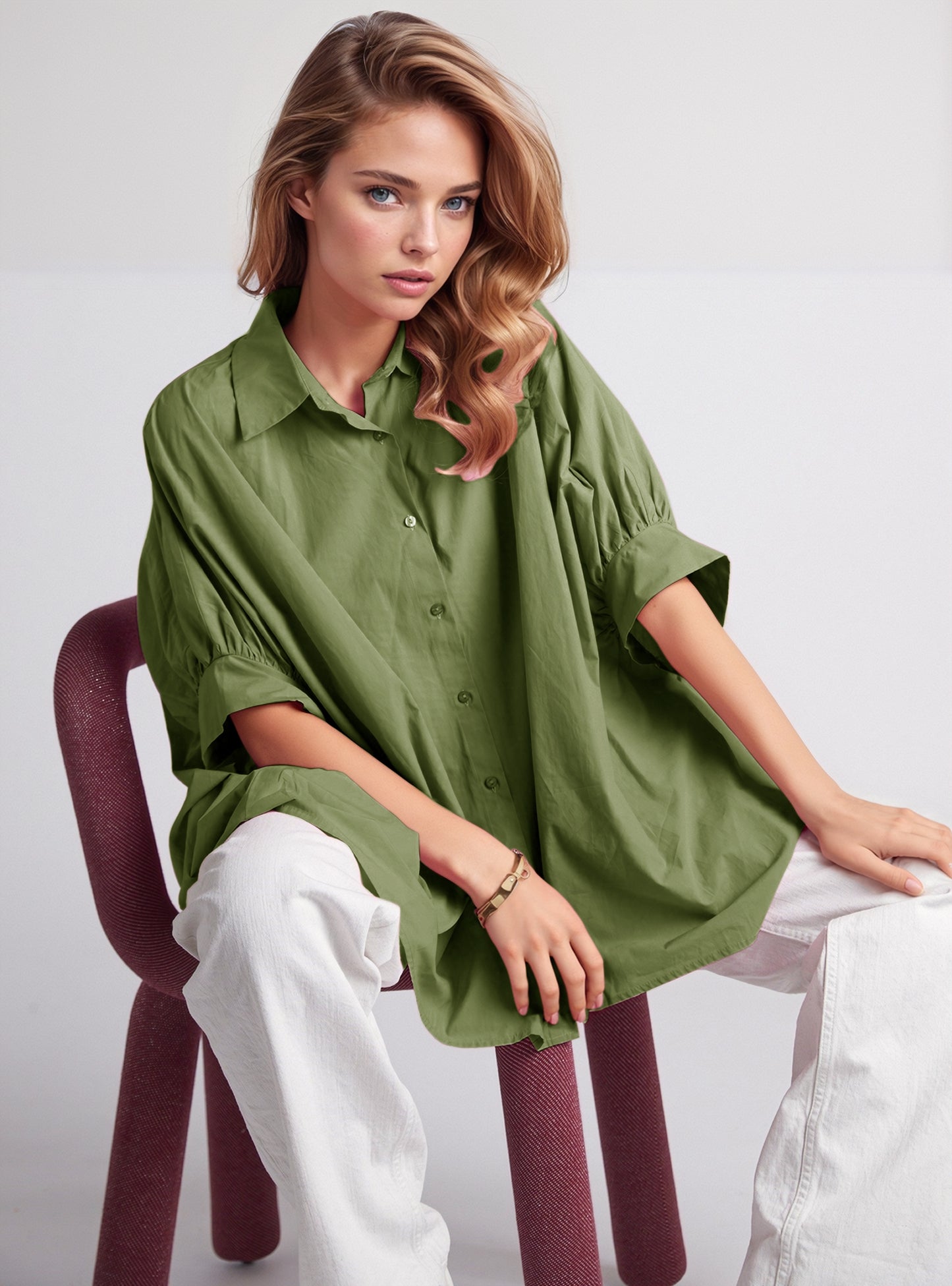 Q2 Green oversized blouse with short sleeve