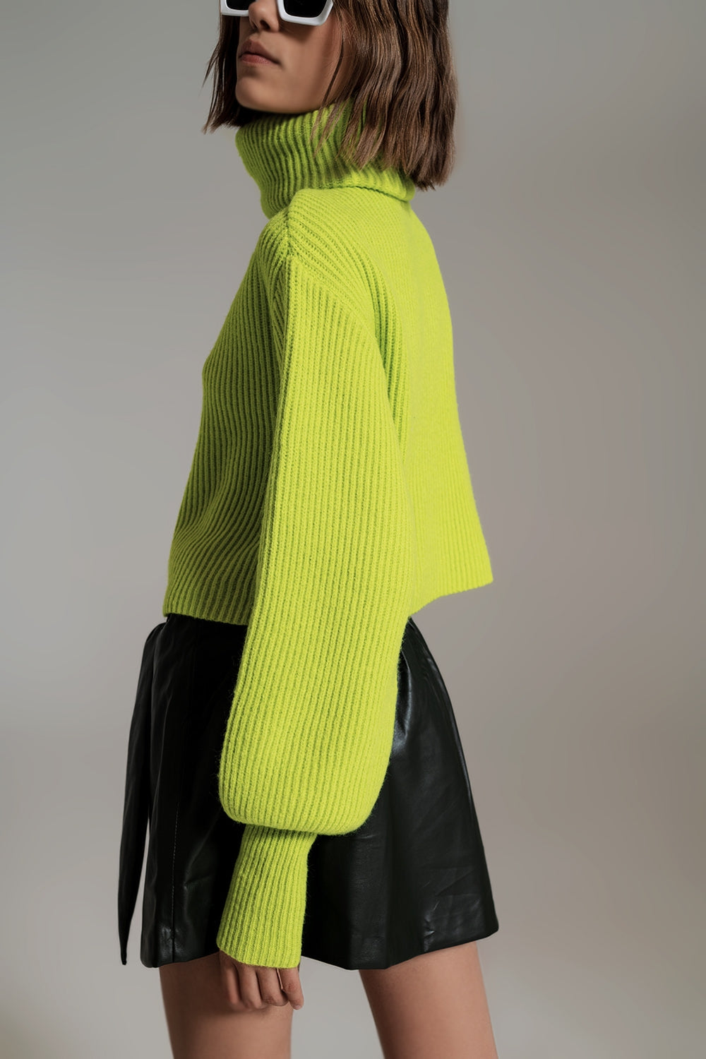 Green ribbed knit turtleneck jumper with balloon sleeves - Szua Store