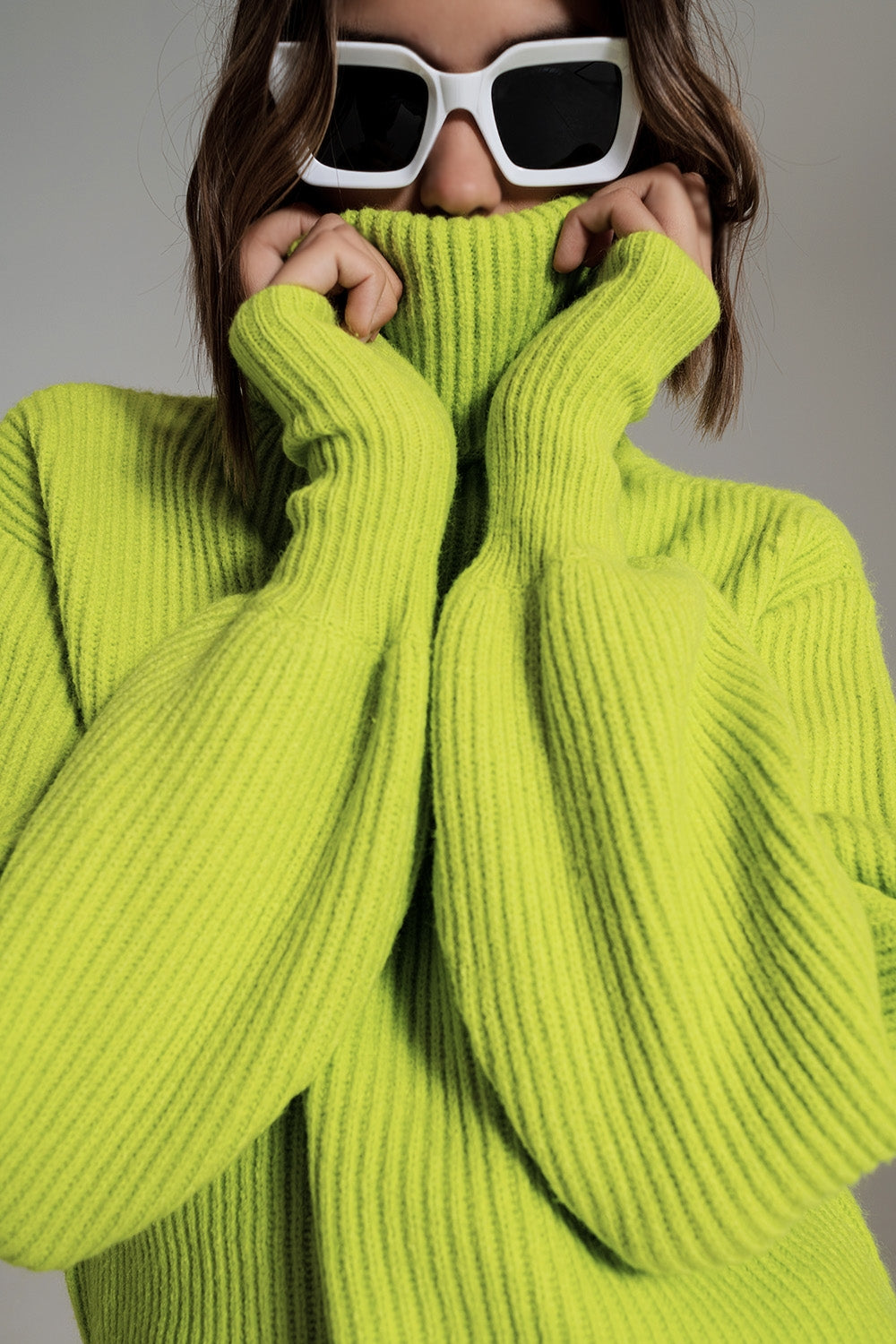 Green ribbed knit turtleneck jumper with balloon sleeves - Szua Store