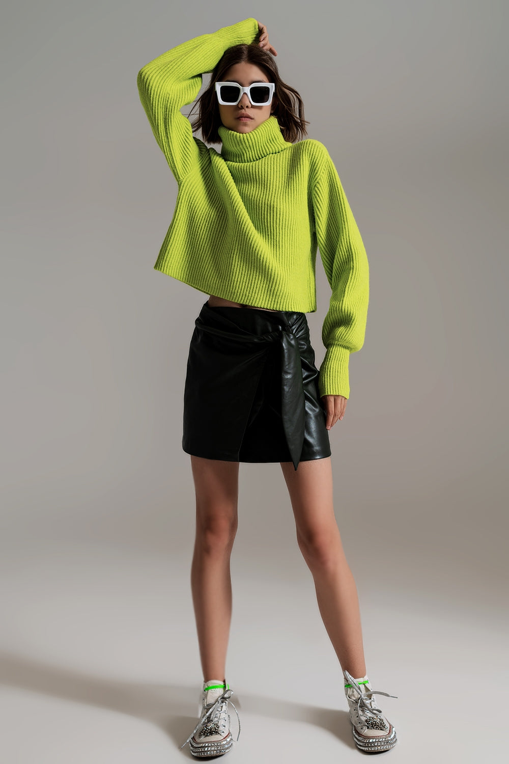 Green ribbed knit turtleneck jumper with balloon sleeves - Szua Store