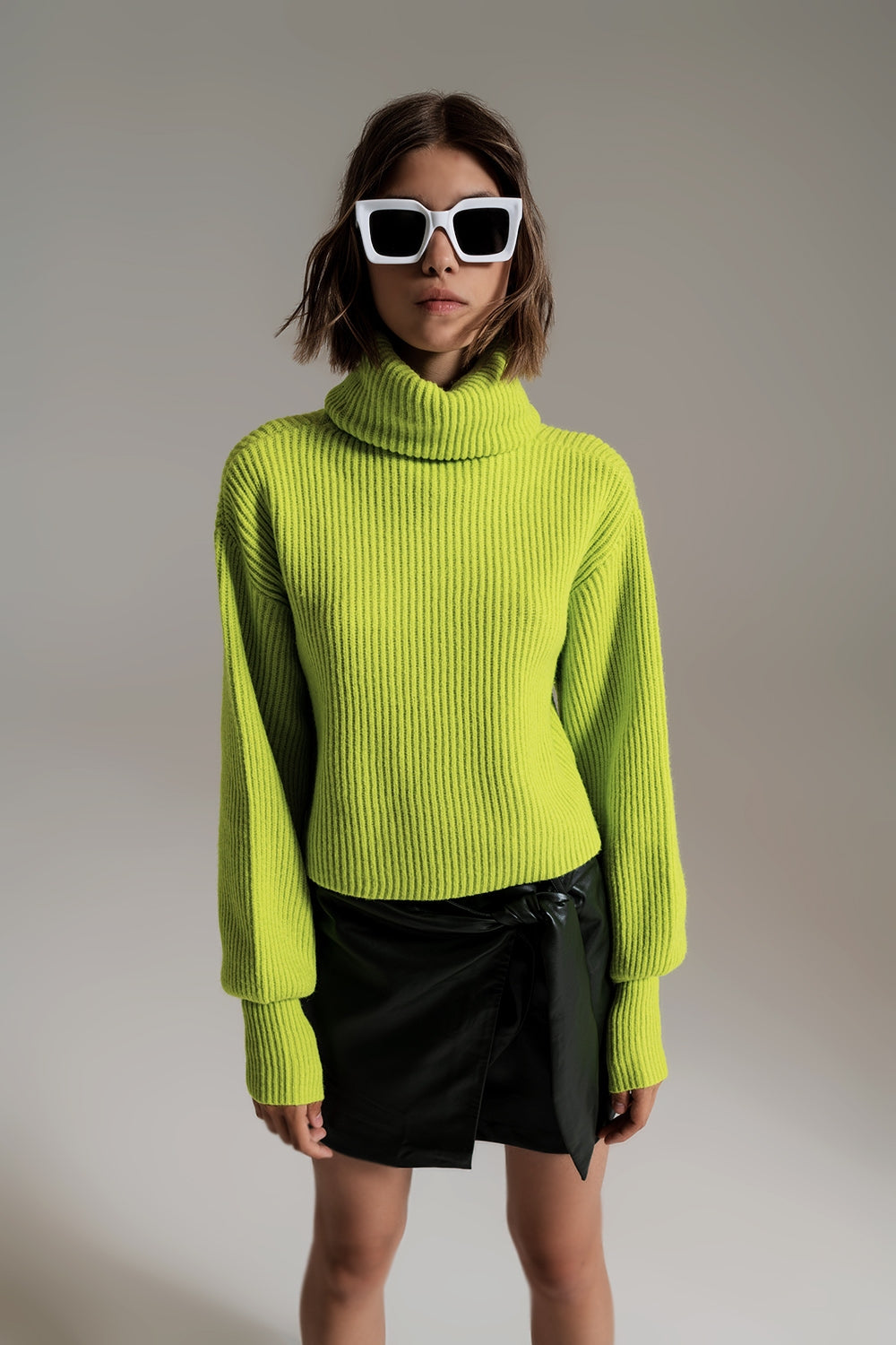 Green ribbed knit turtleneck jumper with balloon sleeves - Szua Store