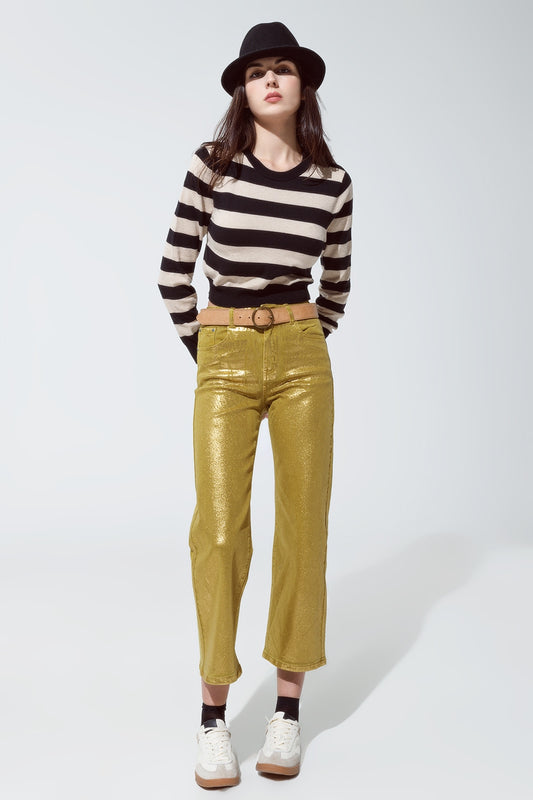 Green straight leg jeans with gold metallic glow