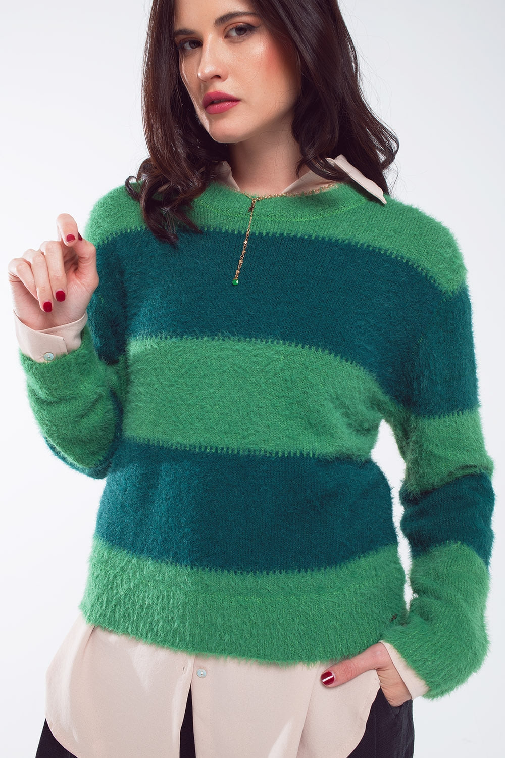 Q2 Green sweater with stripes and a crew neck