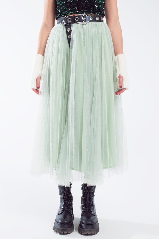 Q2 Green tulle midi skirt with elastic waist