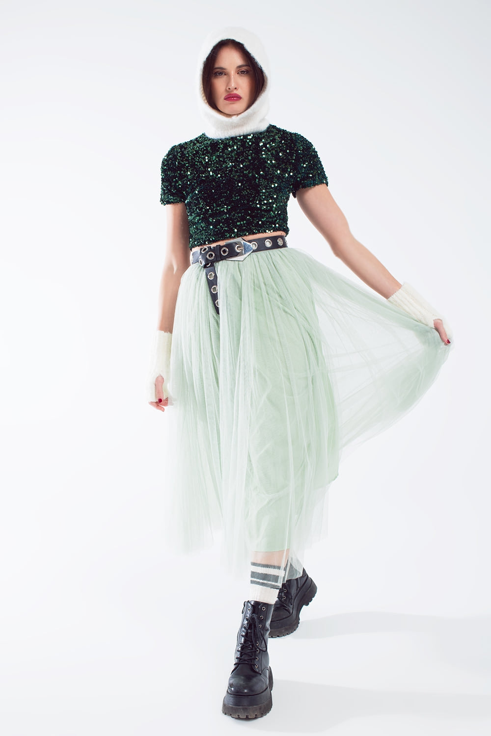 Green tulle midi skirt with elastic waist