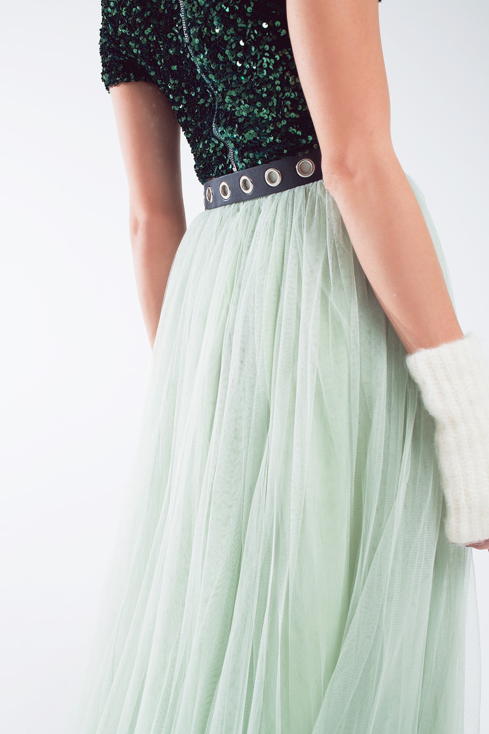 Green tulle midi skirt with elastic waist