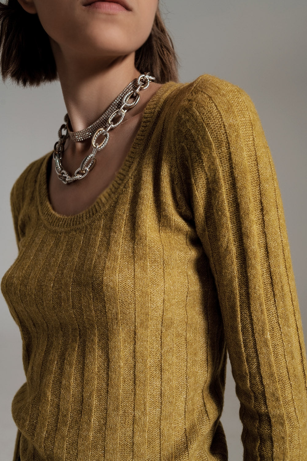 Green wide neck ribbed knit sweater - Szua Store