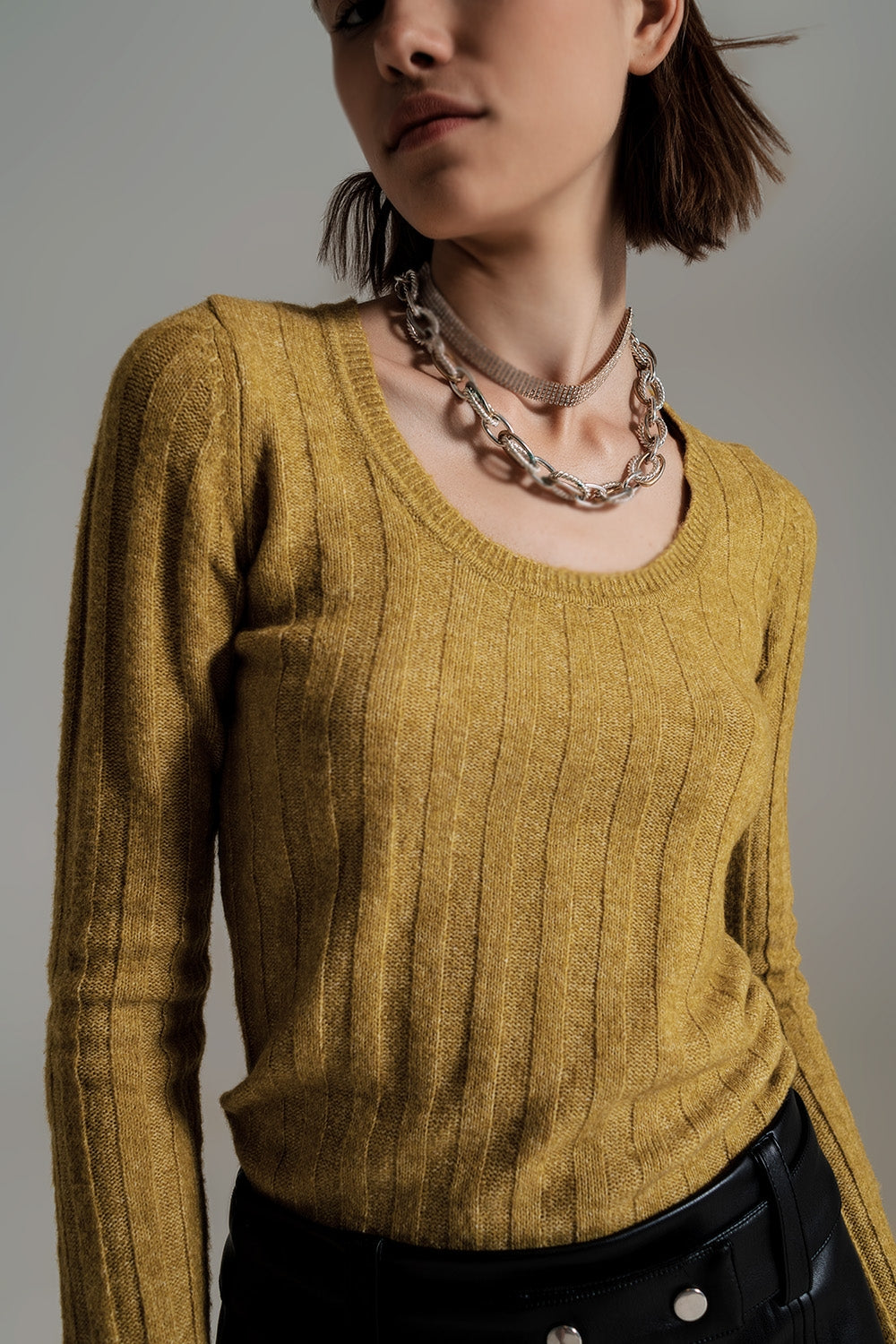 Green wide neck ribbed knit sweater - Szua Store