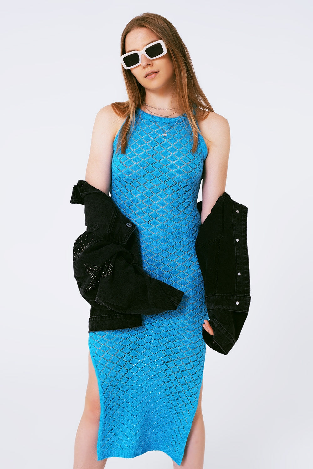 Q2 Halter Crochet Midi Dress in Blue