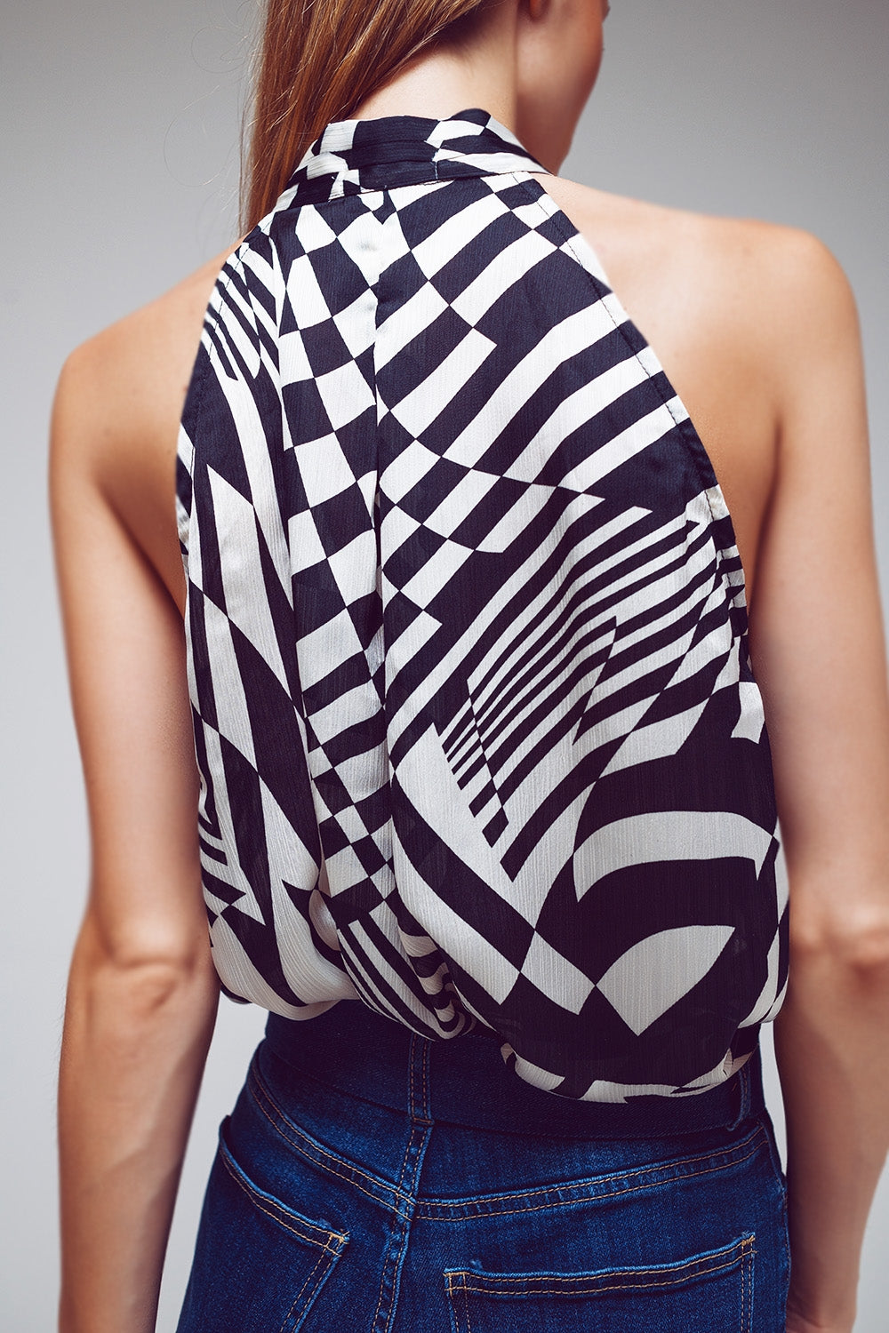 Halter Top With Tie Neck in Abstract Black and White Print - Szua Store