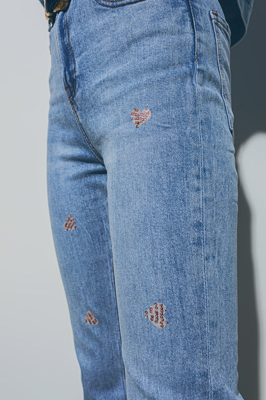 Heart Embellished Jeans with teared hem in Med Wash - Szua Store