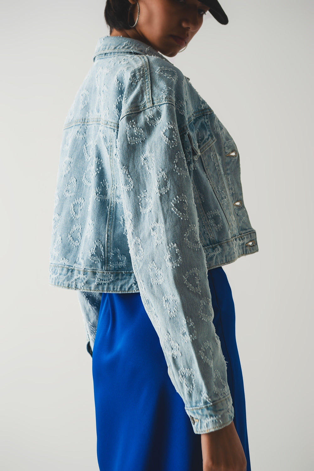 heart embellished oversized denim jacket in light wash - Szua Store