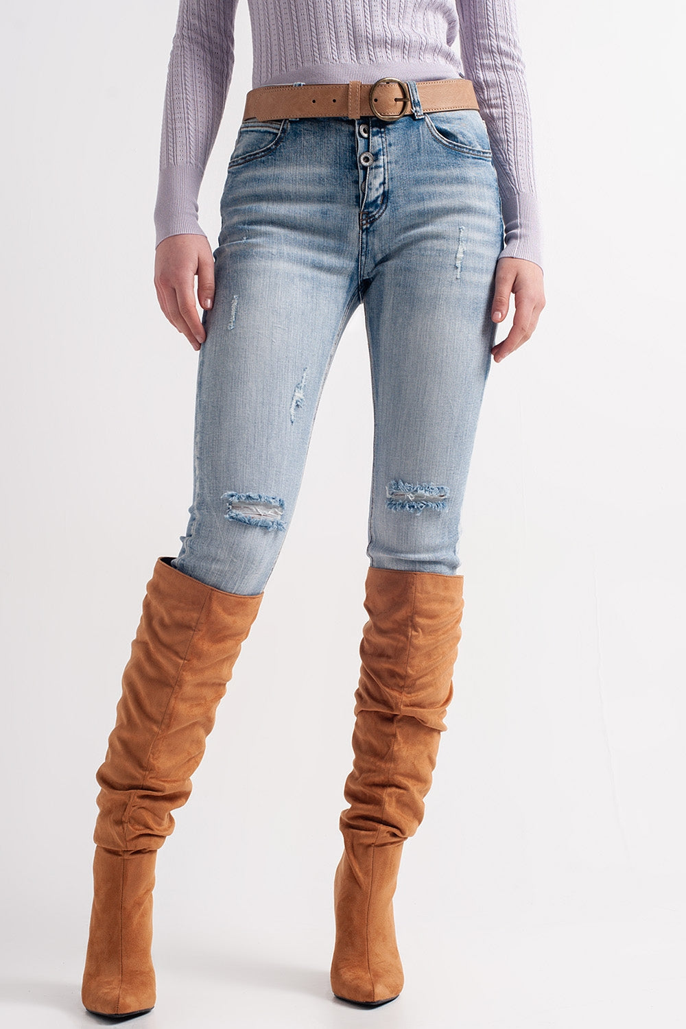 Heather skinny leg distressed jeans with button detail in light blue