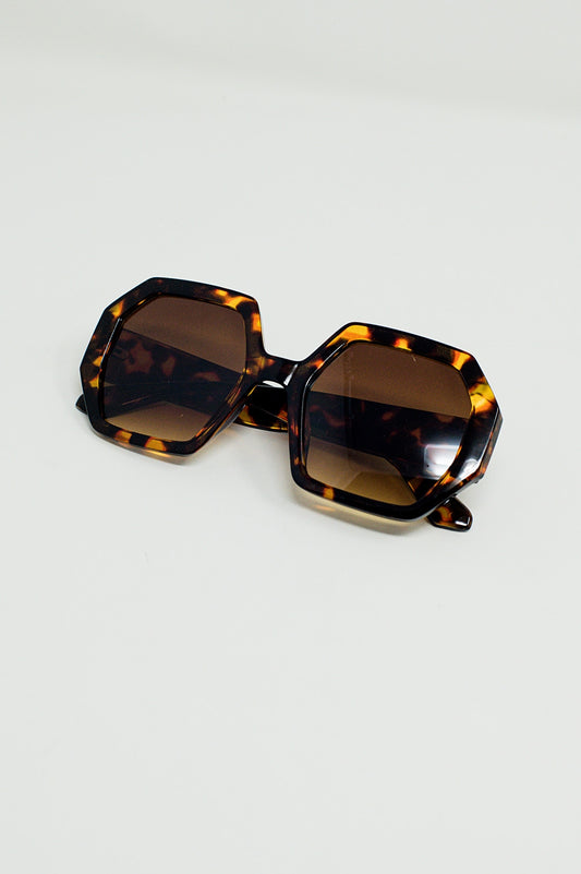 Hexagonal Oversized Sunglasses In Dark Tortoiseshell - Szua Store