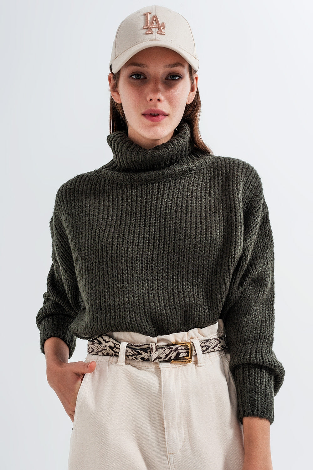 High neck chunky knit jumper in dark gray