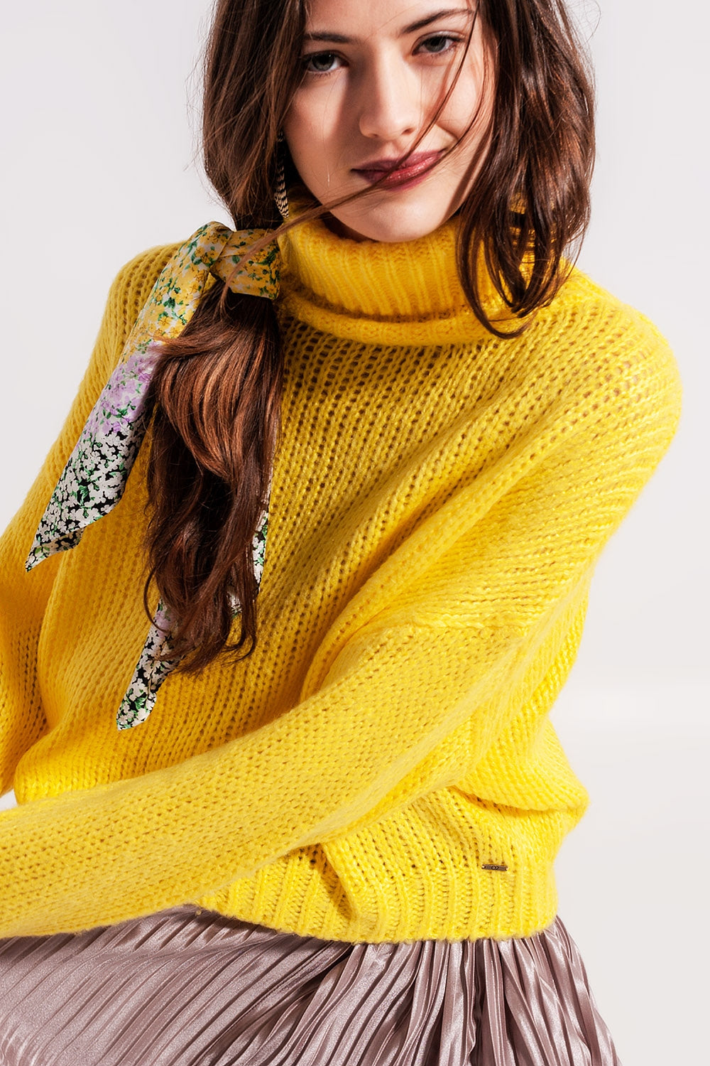 High neck chunky knit jumper in yellow