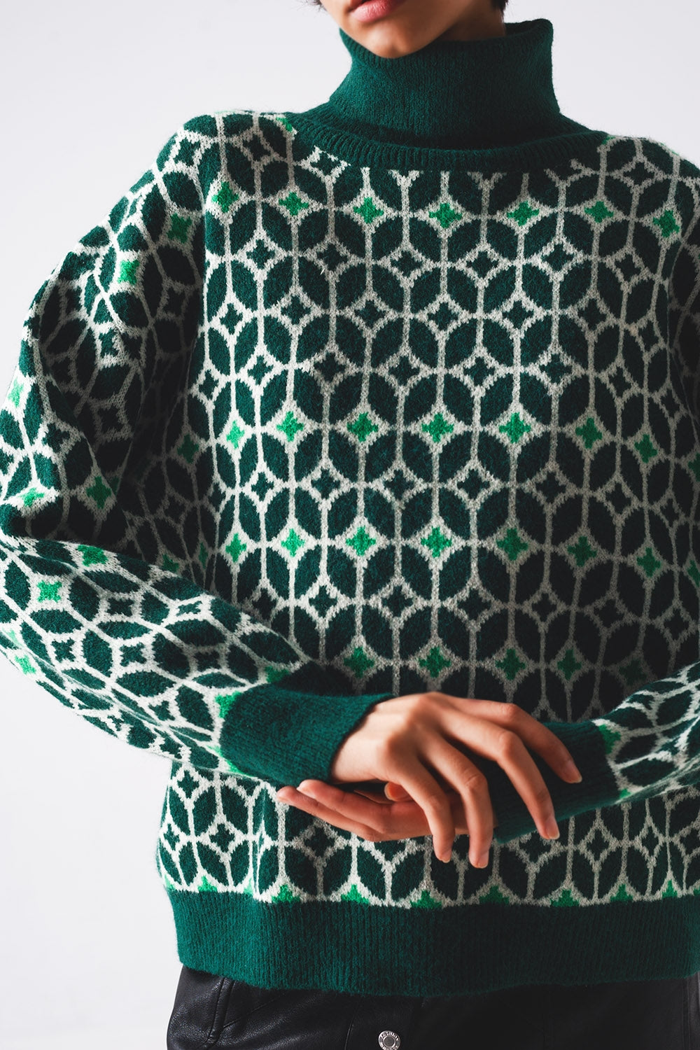 High neck jumper in geo pattern in green Szua Store