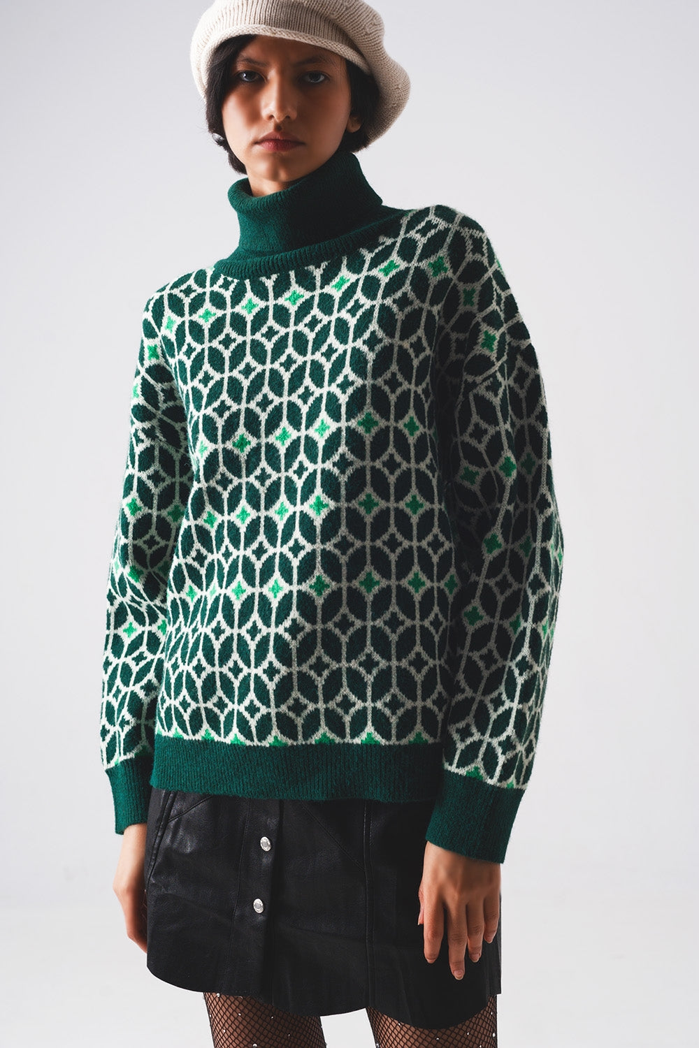 High neck jumper in geo pattern in green Szua Store