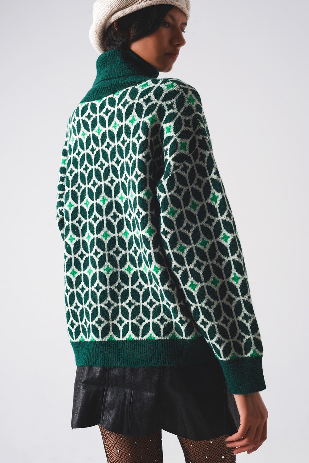 High neck jumper in geo pattern in green Szua Store