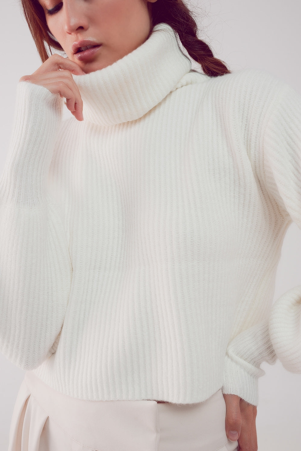 High neck jumper with balloon sleeve in cream Szua Store