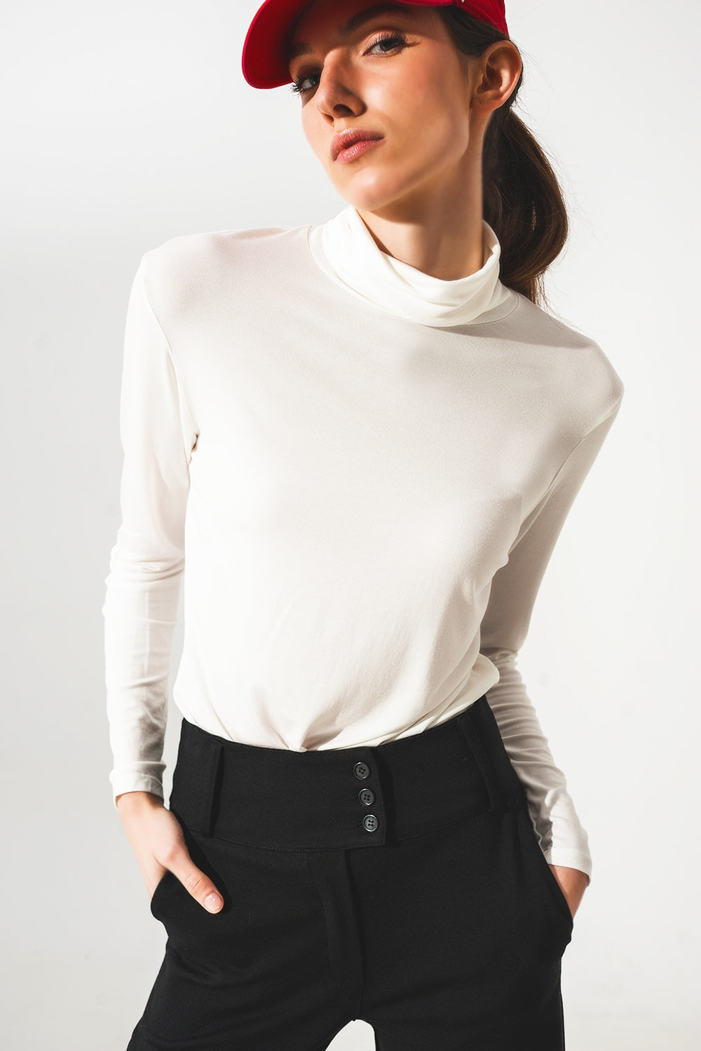 Q2 High neck long sleeve top in cream modal