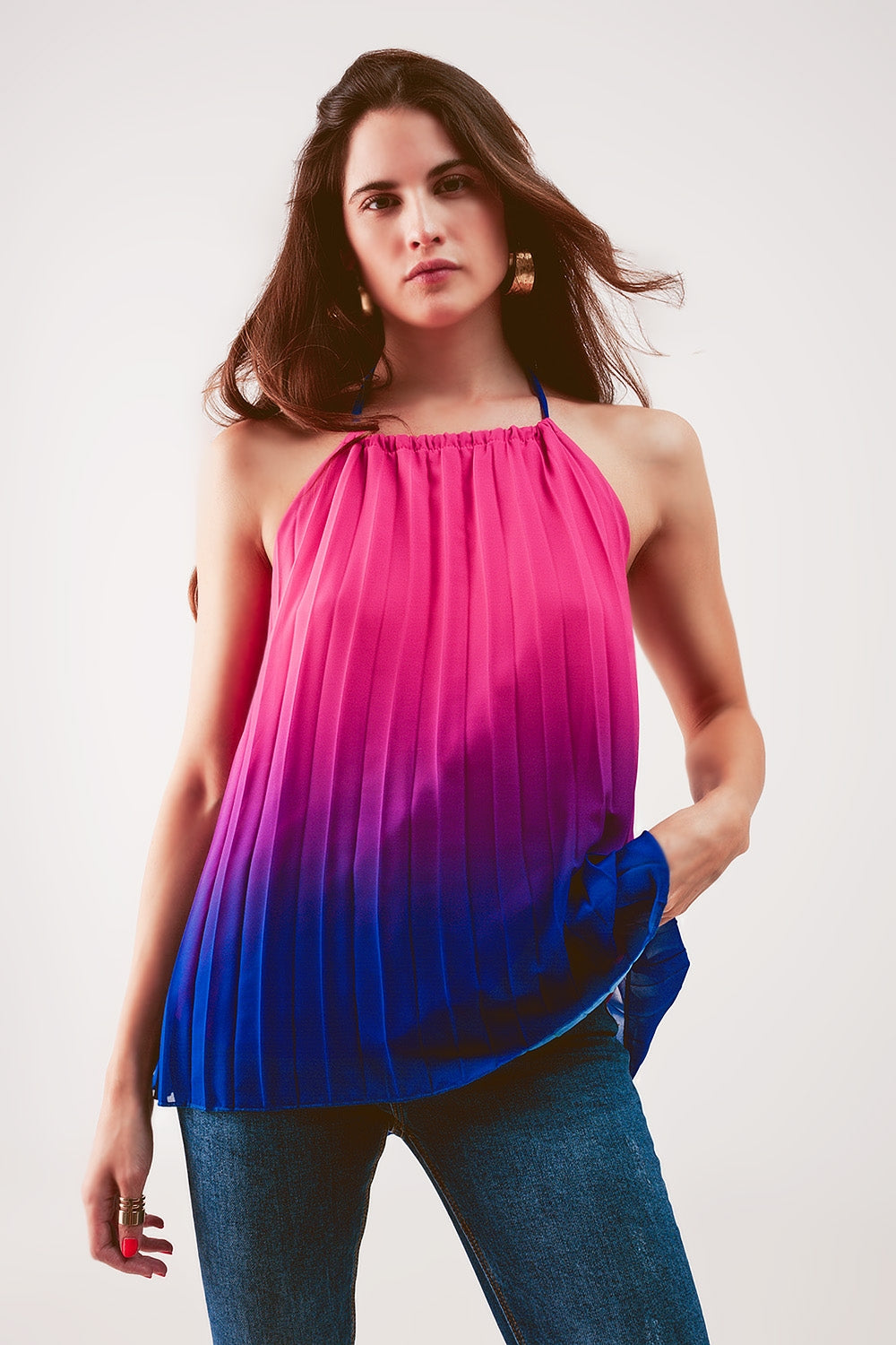 High neck pleat top in fuchsia ombre Szua Store