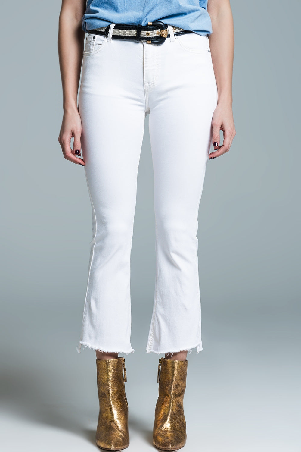 Q2 High Rise Basic Flared Jeans In White