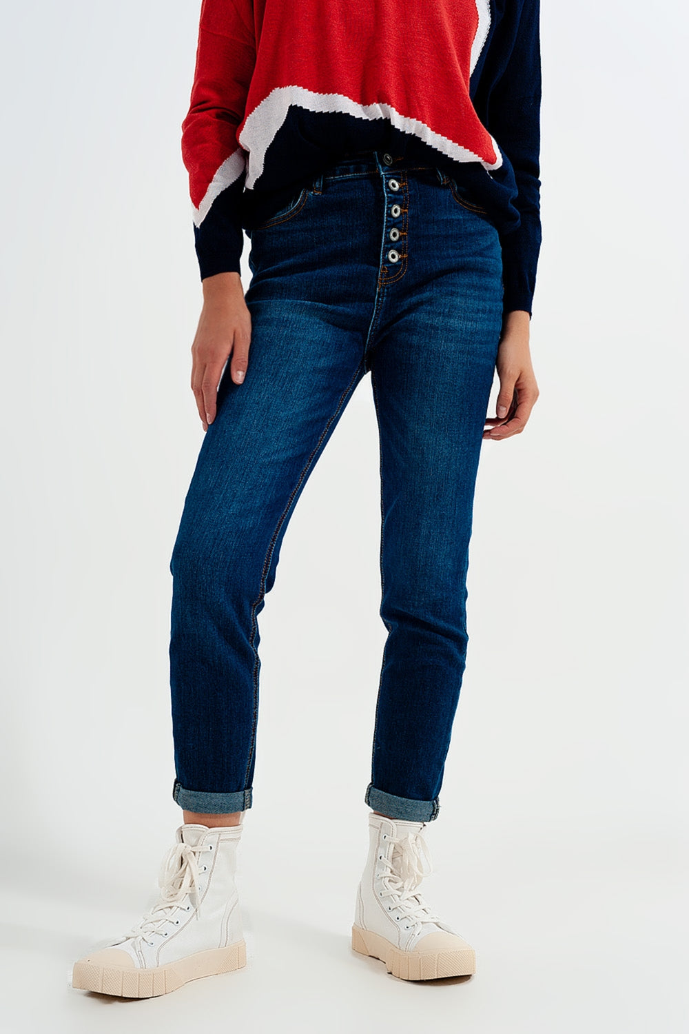 High rise jeans with exposed buttons in blue Szua Store