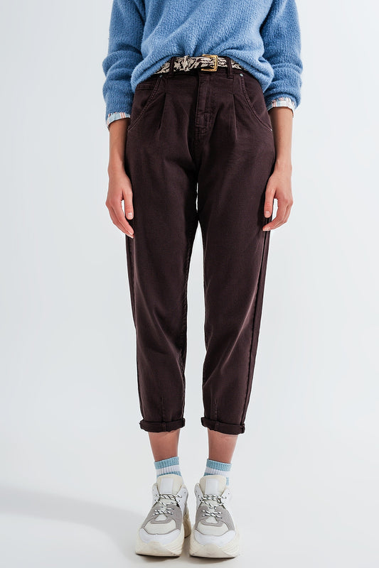 High rise jeans with pleat front in brown Szua Store