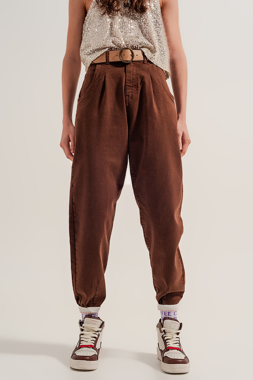 High rise mom jeans with pleat front in brown