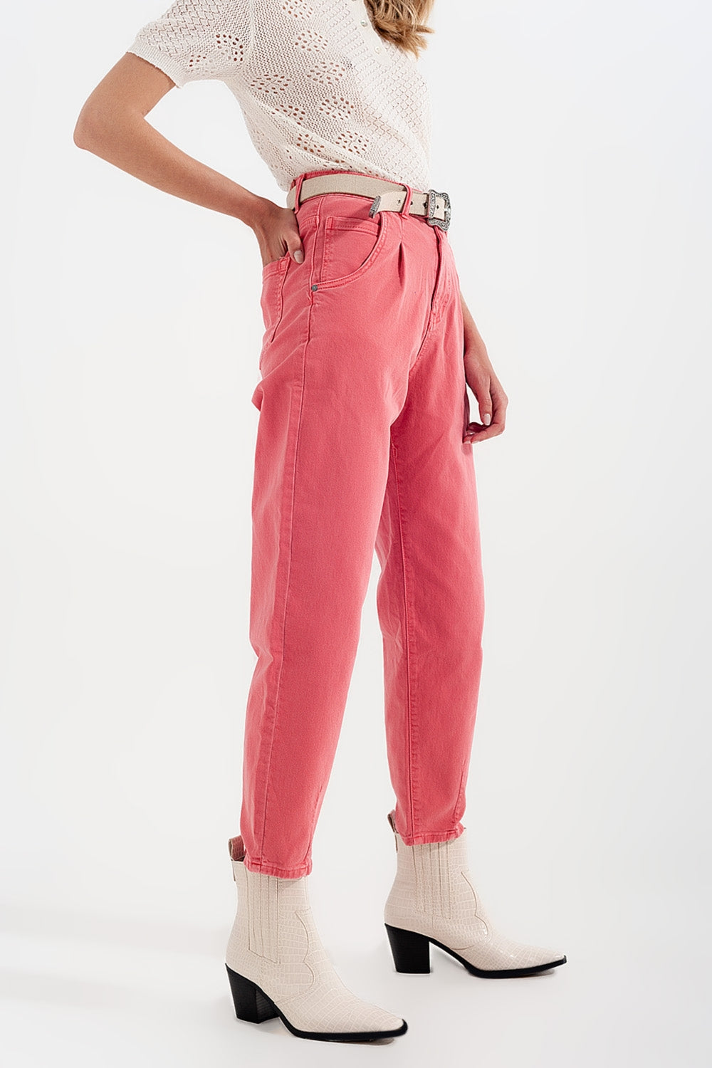 High rise mom jeans with pleat front in pink Szua Store
