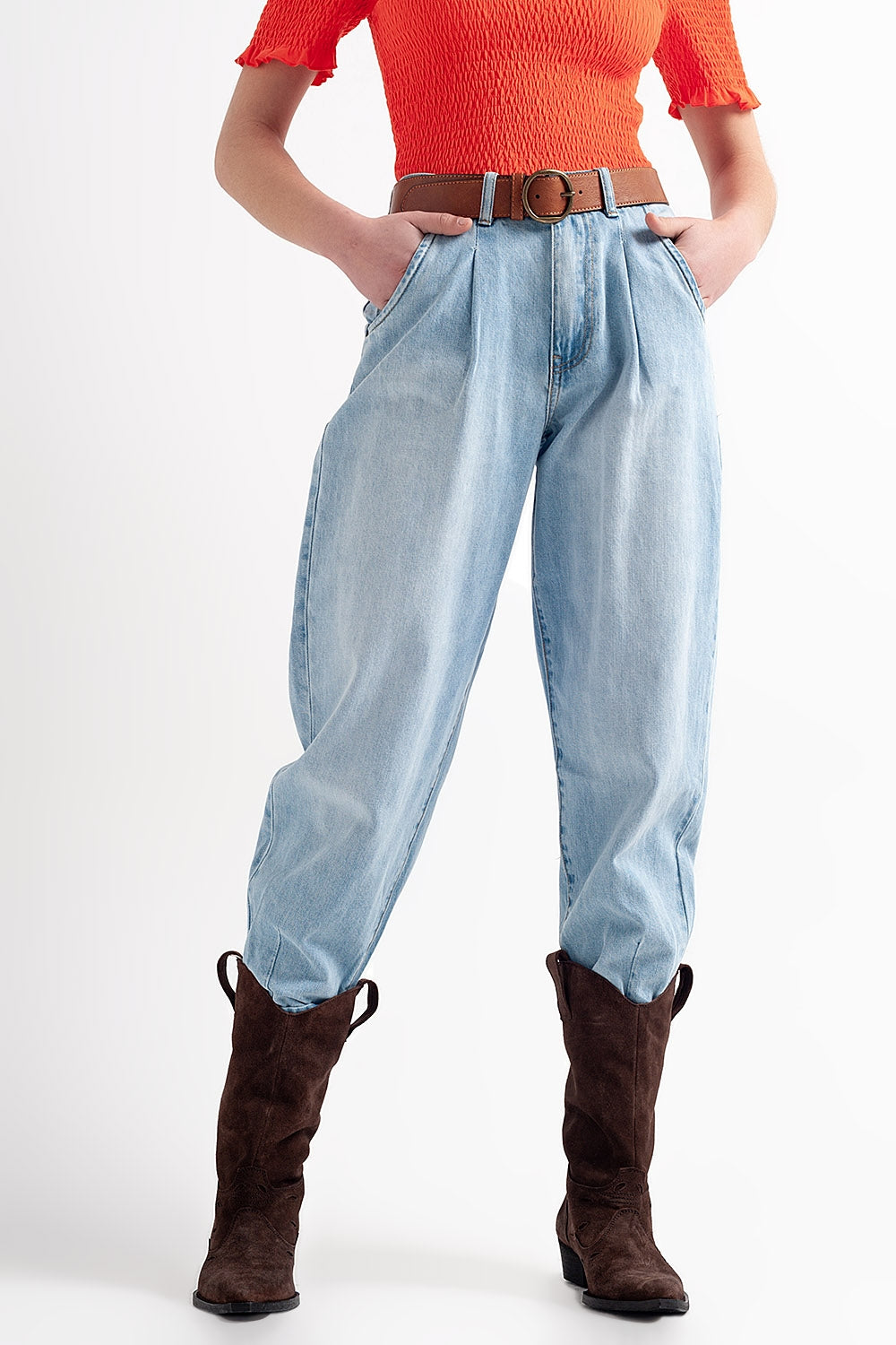 High rise relaxed jeans with pleat front in bleach wash