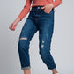High rise slim mom jeans in blue wash with front rips Szua Store
